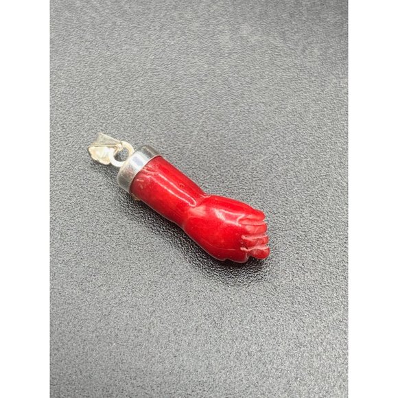 Figa Hand Pendant Carved Coral Red Dyed Bamboo Coral Brazilian Good Luck Charm - Picture 1 of 6